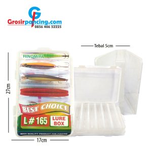 Box Pancing Lure Hinomiya Deskripsi Fungsi : Wadah untuk menyimpan lure, popper ataupun umpan sejenis lainnya Merk : Hinomiya Ukuran : Panjang 27 cm, lebar 18 cm, tinggi 5 cm Warna : Putih Maksimal penyimpanan : 16 lure